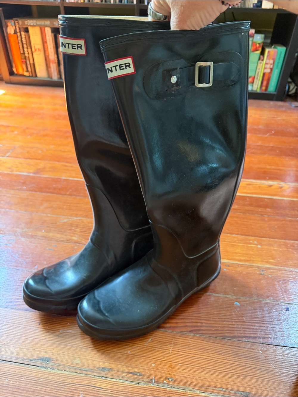 Hunter Black Wellington Boots — Tall Waterproof Rain Boots with Buckle Trim